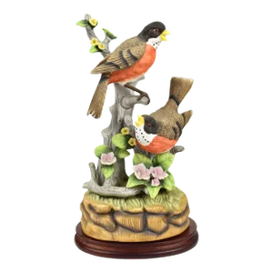 Late 20th Century Windup Musical American Robin Birds Figurine by Royal Crown on Wooden Base