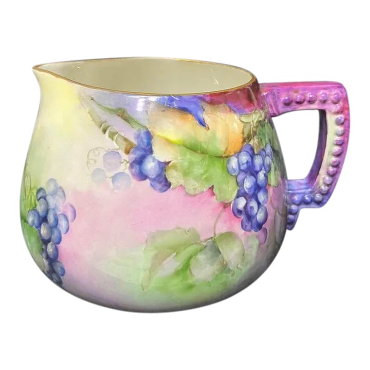 Vintage American Belleek Hand-Painted Cider Pitcher With Grapes | Chairish