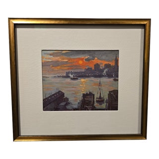 Antique Oil Painting Lucien Biva New York Skyline Painting For Sale