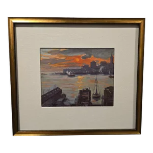 Antique Oil Painting Lucien Biva New York Skyline Painting