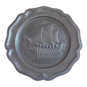 Vintage Pewter Viking Long Boat Ship Nautical Decorative Display Plate Made in Spain