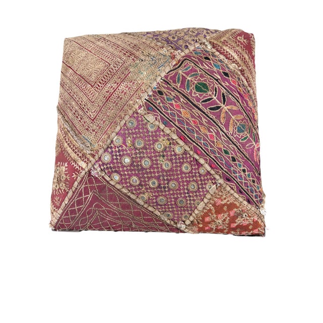 Brown Vintage Stool/Footstool Upholstered W/Kutchi Indian Banjara Fabric W/ Mirrors 16" H For Sale - Image 8 of 8