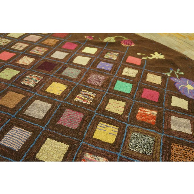 Brown 1920s Brown Diamond Folk Art Antique Oval American Hooked Rug 7'8" X 10'6" Handknotted Wool Carpet For Sale - Image 8 of 10