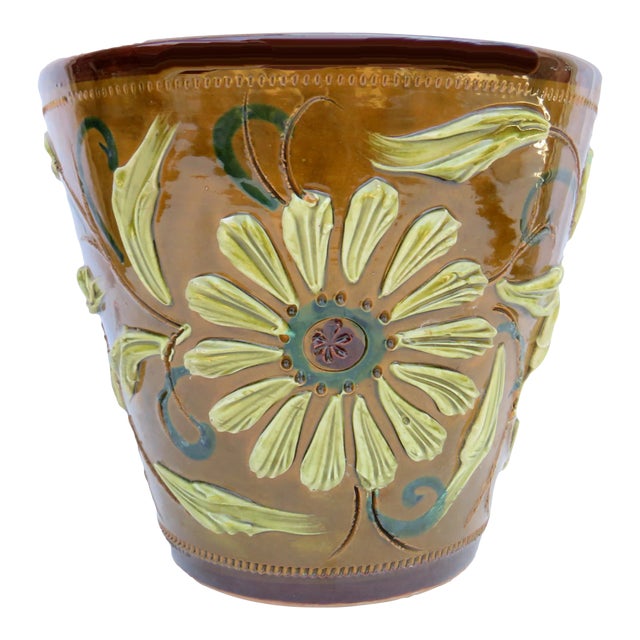 Midcentury Italian Majolica Cocoa Brown Pottery Planter / Cachepot For Sale