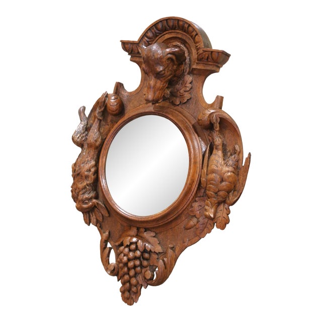 19th Century Black Forest Carved Walnut Hunt Mirror With Dog, Game, and Grapes For Sale