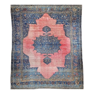 19th Century Oversized Persian Khorassan Rug, Hand-Knotted Wool, Floral Pattern, Red & Blue, 11’ X 16’ For Sale
