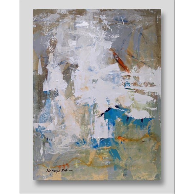 Title: Blue Cottage Original Blue White Brown Gray Red Abstract Art on Gallery Wrap Canvas. Size: 30in x 40in