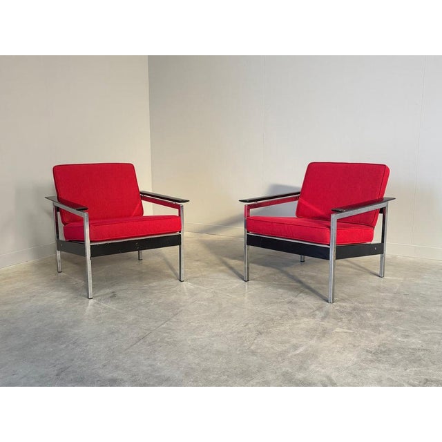 Remarks: Set mid century lounge chairs, Netherlands 1960s. By or in-style-of Martin Visser. Steel with wooden frames and...