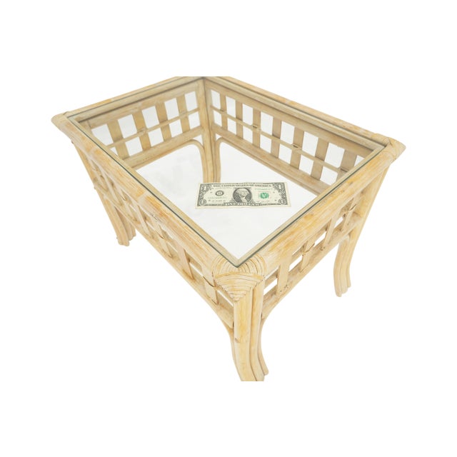 Ficks Reed Pair of White Wash Pickle Finish Rattan Rectangle Glass Top End Side Tables MINT For Sale - Image 4 of 12