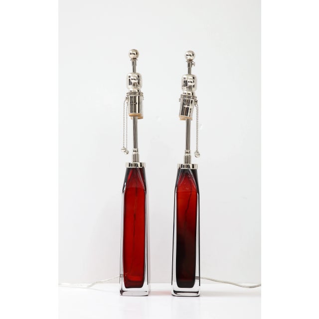Nils Landberg Ruby Red Crystal Lamps by Nils Landberg for Orrefors - A Pair For Sale - Image 4 of 8