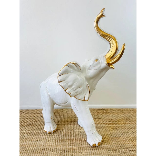 1980s Vintage 1980s Huge White & Gold Ceramic Statue With Trunk Up / Blanc De Chine For Sale - Image 5 of 10