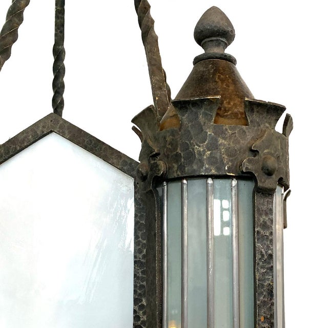 Vintage American Albert Sechrist Wrought Iron, Glass Eight-Light Pendant Lantern For Sale - Image 12 of 12