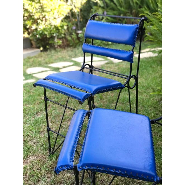 Royal Blue Vintage Counter Stools : Chic Mid-Century Ilana Goor Style Counter Height (For 36” High Island/ Counter) Iron Stools - A Pair -in Blue Faux Leather For Sale - Image 8 of 12