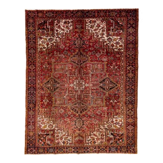 Vintage Red Heriz Persian Room Size Wool Rug With Medallion Motiff For Sale