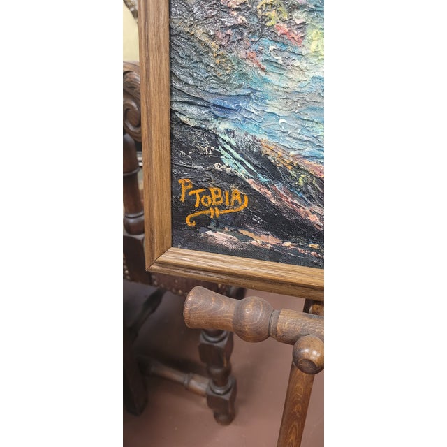Royal Blue MCM Oil Painting Ocean Rocks Scene For Sale - Image 8 of 9