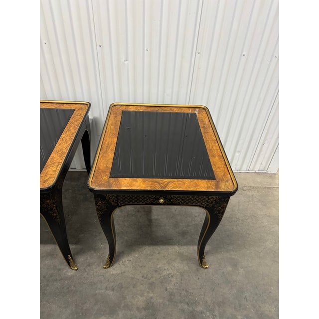 Wood Drexel Heritage Et Cetera Chinoiserie Black & Burl End Tables- A Pair For Sale - Image 7 of 12