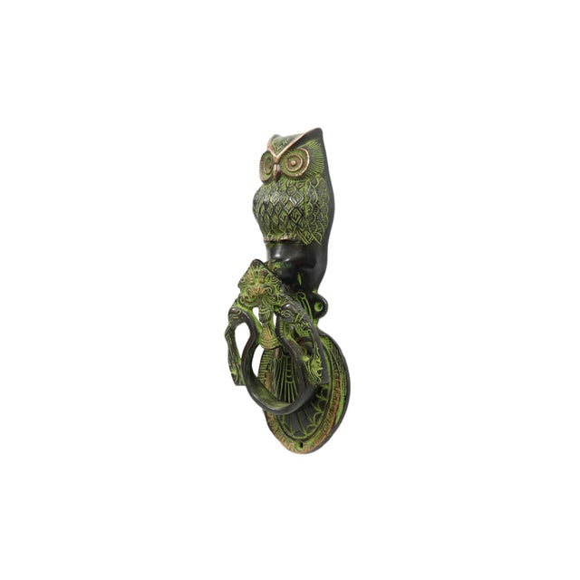 A brass owl door knocker with a green finish. The back plate is cast in the shape of an owl, with fine lines that detail...