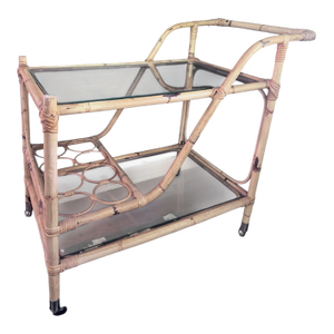 Coastal Mid Century Modern Bamboo Rattan Bar Cart