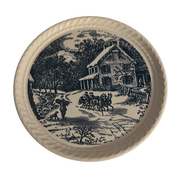 Blue Vintage Currier and Ives Winter Scene Decorative Plates by Royal China - A Pair For Sale - Image 8 of 10