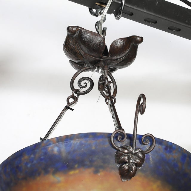 Art Deco Pâte De Verre Blue & Smoked Honey Glass Chandelier W/ Leaf Form Fitting For Sale - Image 12 of 18