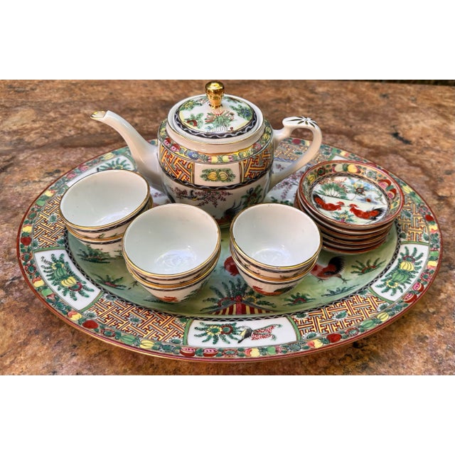 Vintage Chinese Hand Painted Porcelain Rooster Chinoiserie Motif 14 Piece Tea Set For Sale - Image 10 of 12