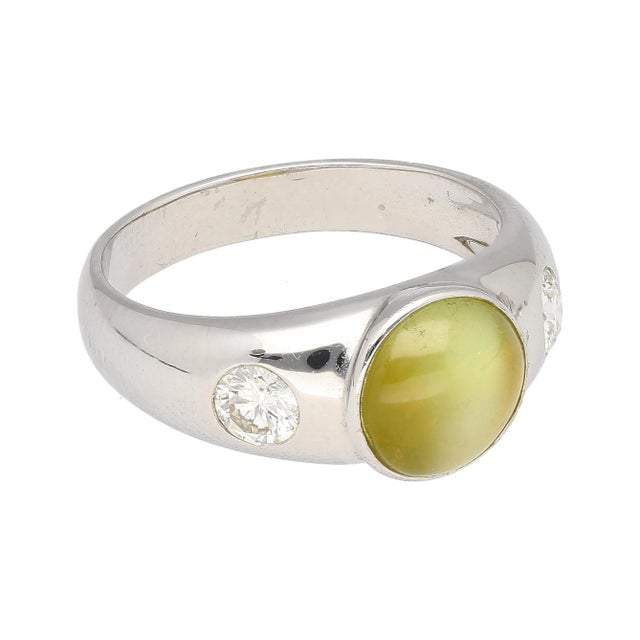 2010s Bezel Set Chrysoberyl Cat's Eye and Diamond Three Stone Ring in 18k White Gold For Sale - Image 5 of 12