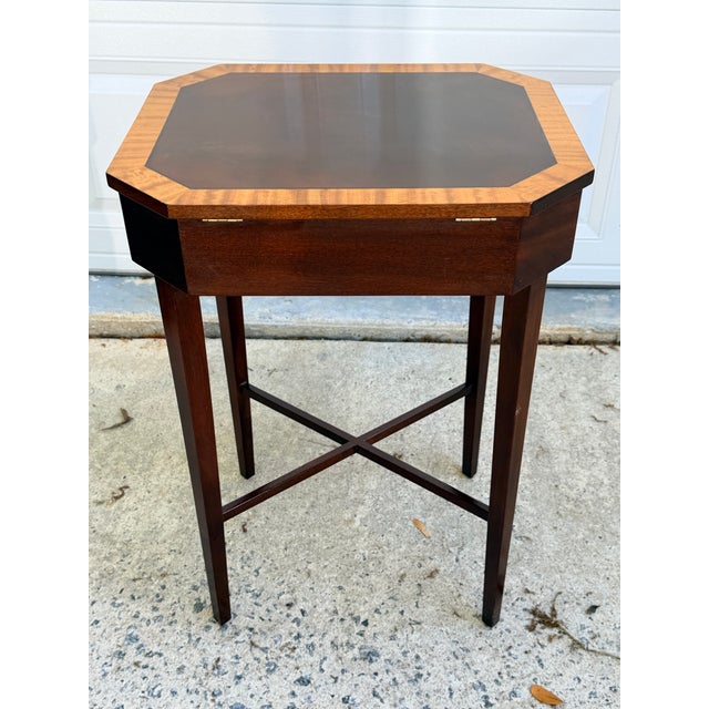 1990s George III Flame Mahogany Work Table With Satinwood Band For Sale - Image 5 of 11