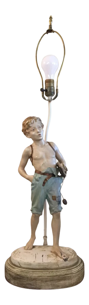 Antique Early 20th Century Mounted Painted Metal Boy Figure Lamp