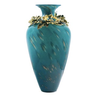 Handcrafted Turquoise Enamel Vase With Gold Floral Relief & Gemstone Accents – 19.5” Luxury Art Decor (Fmury) For Sale