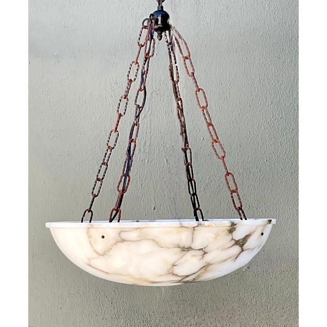 Metal Vintage Alabaster Bowl Pendant Light For Sale - Image 7 of 12