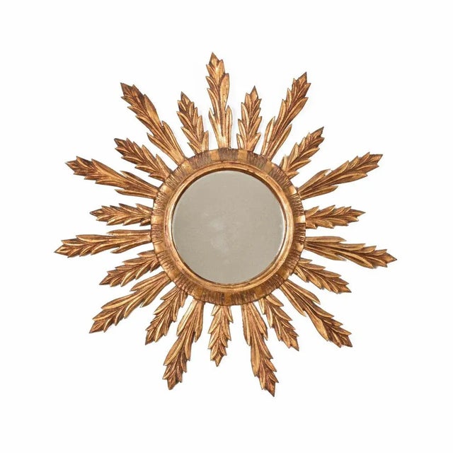 Mid-Century French Modern Gilded Wood Sunburst Wall Mirror, 1950s For Sale - Image 4 of 13