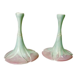 1980s Vintage Art Nouveau Botanical Coastal Porcelain Candle Holders - A Pair, Artist Signed For Sale