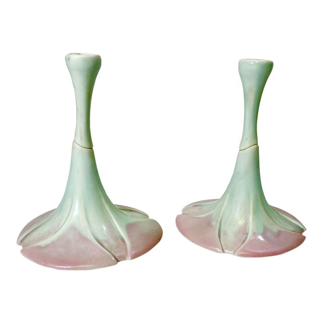 1980s Vintage Art Nouveau Botanical Coastal Porcelain Candle Holders - A Pair, Artist Signed For Sale