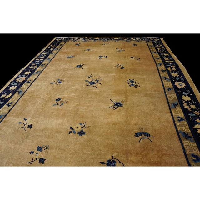 Beige 1920s Beige Floral Deco Classic Antique Chinese Peking Carpet 8'10'' X 14' Rug For Sale - Image 8 of 9