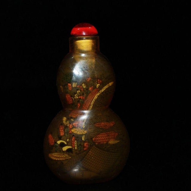 Asian Mid 20th Century Hand-Painted Interior Glass Snuff Bottle, Gourd Shape, Qingming Riverside Scene, Asian Decor Accent For Sale - Image 3 of 9
