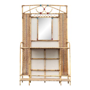 Early 20th-C. French Bamboo, Grasscloth Wallpaper & Wicker Coat Rack or Hall Tree or Coat Rack W/ Mirror
