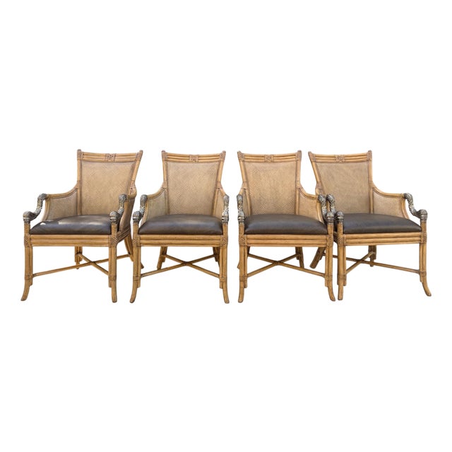 Set of 4 Asian Chinoiserie Faux Bamboo Armchairs With Sculptural Metal Fish Motifs For Sale