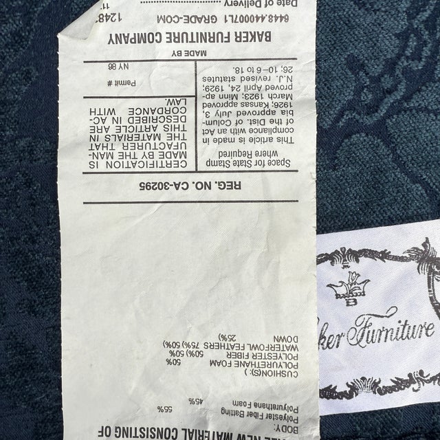 Vintage Baker Furniture William and Mary Walnut, Blue Damask Custom Built High Seat Throne Lounge Chairs - A Pair For Sale - Image 9 of 18