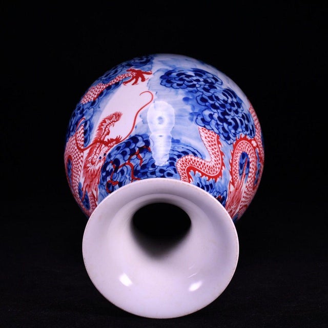 Chinese Blue & White Underglaze Red Dragon Pear-Shaped Vase - 14" Tall For Sale - Image 4 of 9