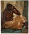 Here is a handsome mid century modern oil painting on canvas board featuring a figure study of seated nude on one side...
