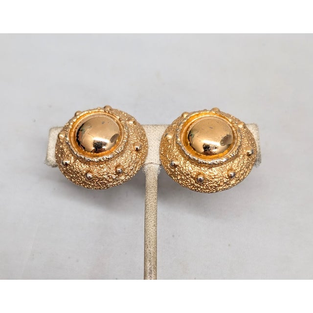 Napier Vintage 1971 Signed Napier Egyptian Revival Round Goldtone Clip Earrings-2 Pieces For Sale - Image 4 of 7