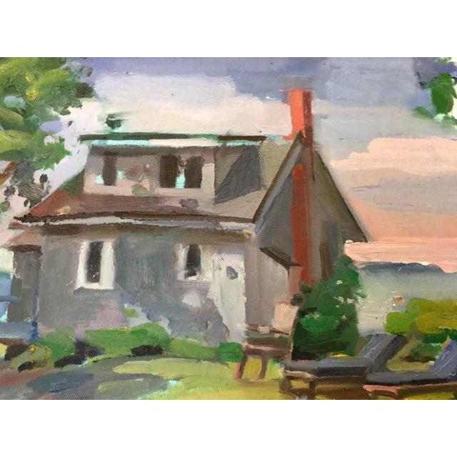 Realism Gray House on a Hill Original Oil Painting For Sale - Image 3 of 4