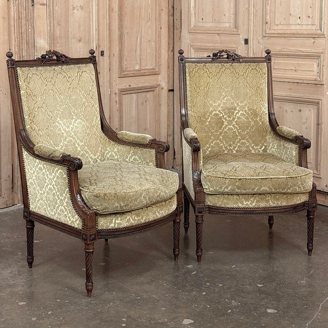 Pair of 19th Century French Louis XVI Walnut Armchairs ~ Bergeres For Sale - Image 4 of 17