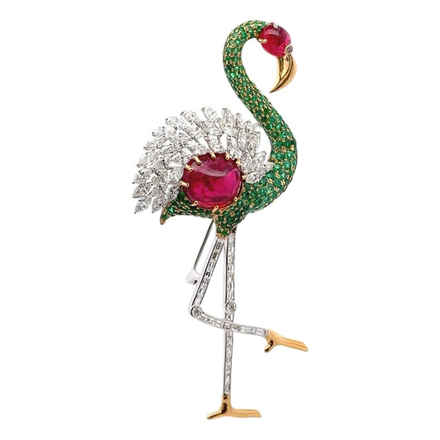 Burmese Spinel Emerald Diamond 18k White Yellow Gold Flamingo Brooch, Gia Cert For Sale