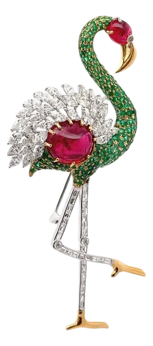 Burmese Spinel Emerald Diamond 18k White Yellow Gold Flamingo Brooch, Gia Cert