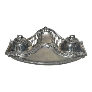 Antique Ornate 1800's Art Nouveau Thick Gilt Brass Desk Pen Inkwell Tray Bronze For Sale