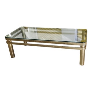 Vintage Brass Hollywood Regency Style Modern Contemporary Glass Coffee Table For Sale