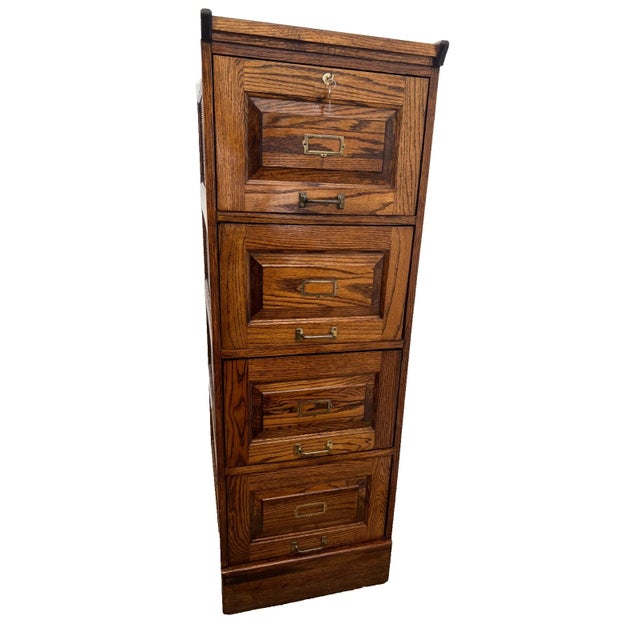 Gorgeous Vintage Tiger Oak File Cabinet with Four smooth sliding Drawers, Locking Top Drawer with two Keys, Paneled Sides...
