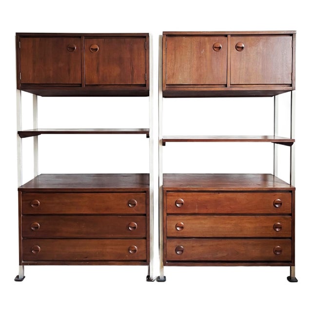 Pair of Mid Century Modern Walnut Wall Units by Stanley For Sale