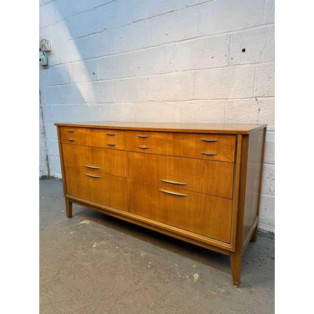 Mid-Century Modern Mid-Century Six Drawer Walnut & Brass Lowboy Dresser by West Michigan Furniture Co. Attributed For Sale - Image 3 of 17